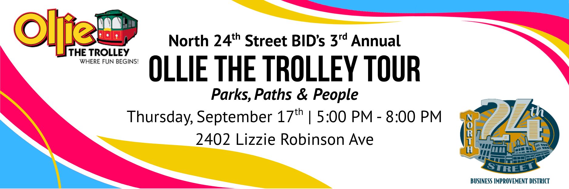 3rd Annual Ollie the Trolley Tour
Thursday, September 17th
5:00 PM - 8:00 PM
Board at 2402 Lizzie Robinson Ave
